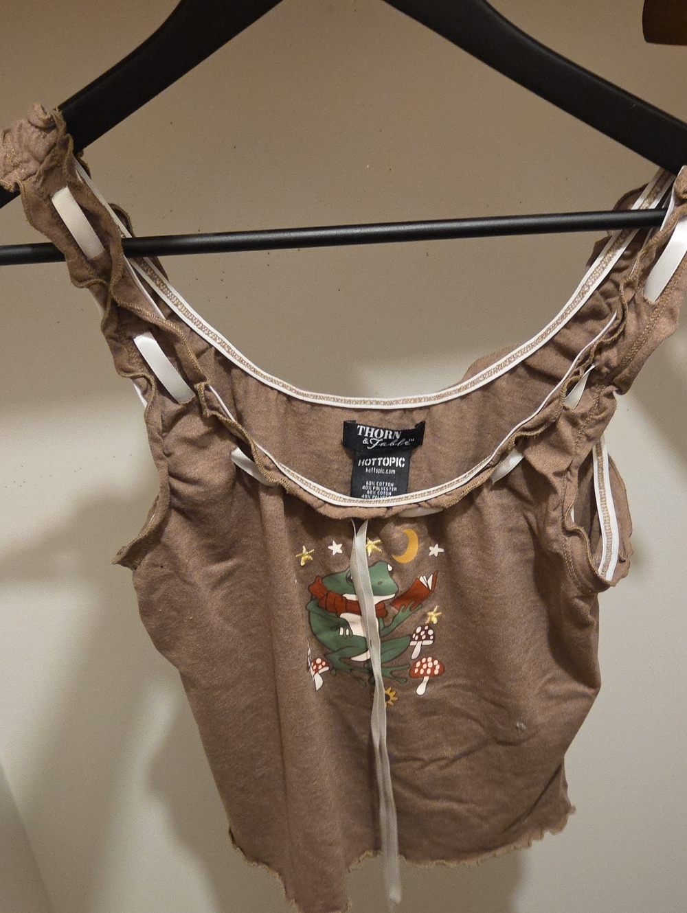 Thorn & Fable Mushrooms & Frogs Ribbed Girls Tank Top Tank Top Brown & White